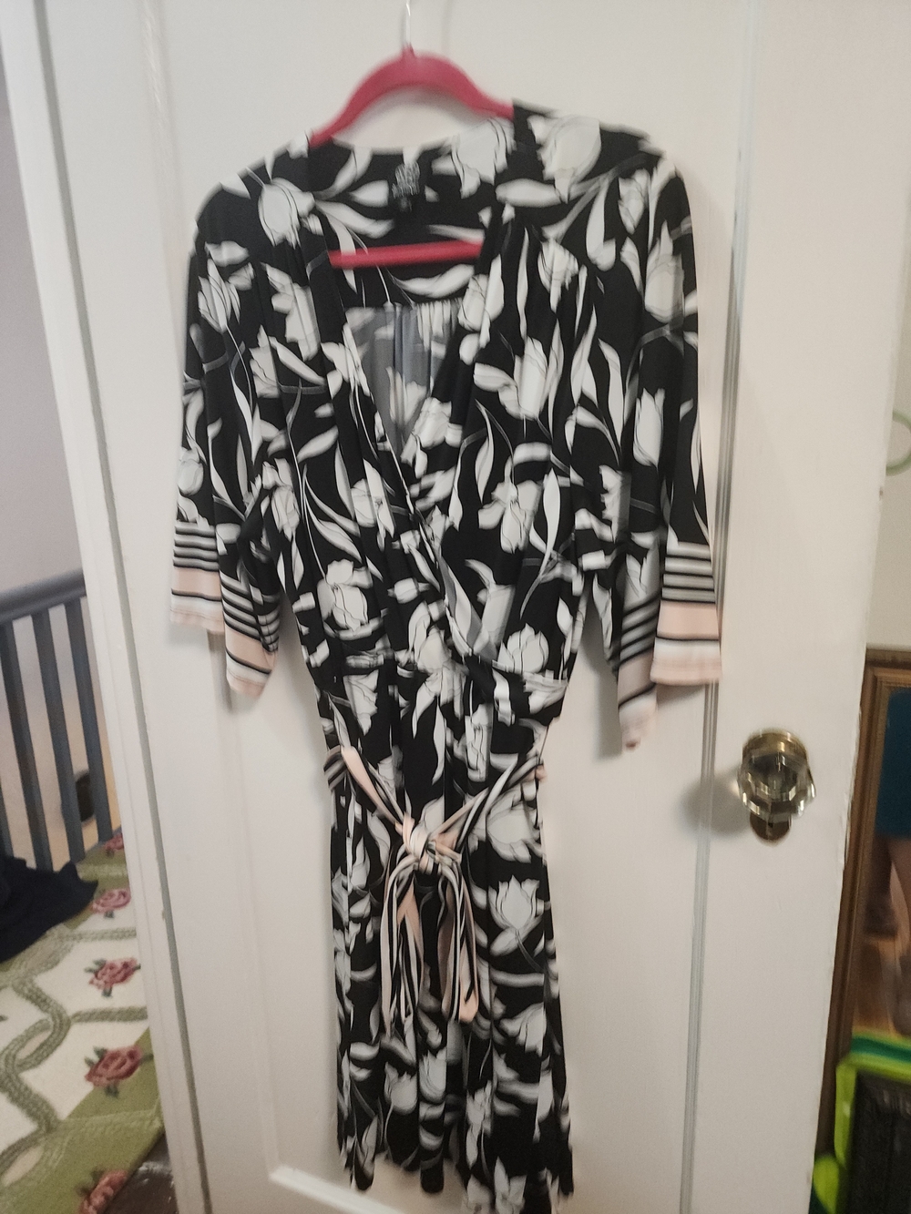bobeau Black and White Floral Midi Wrap Dress with Pink Accents